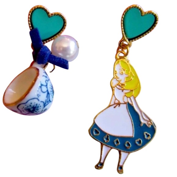 Source Unknown Jewelry - Blue & White Enamel Alice in Wonderland Dangle Earrings